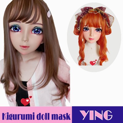 (Ying)Crossdress Sweet Girl Resin Half Head Female Kigurumi Mask With BJD Eyes Cosplay Anime Doll Mask